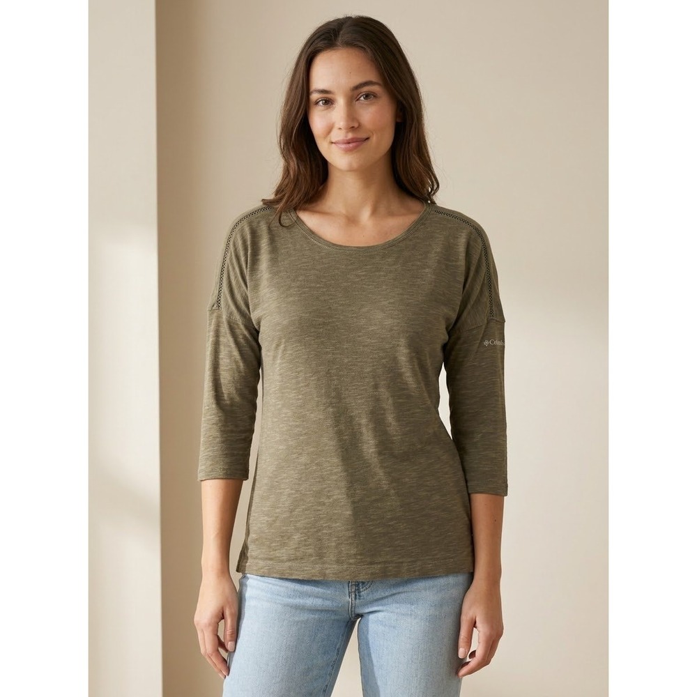 Crochet Trim Slub Knit Columbia Olive Green Cotton Rayon Top Size S Small